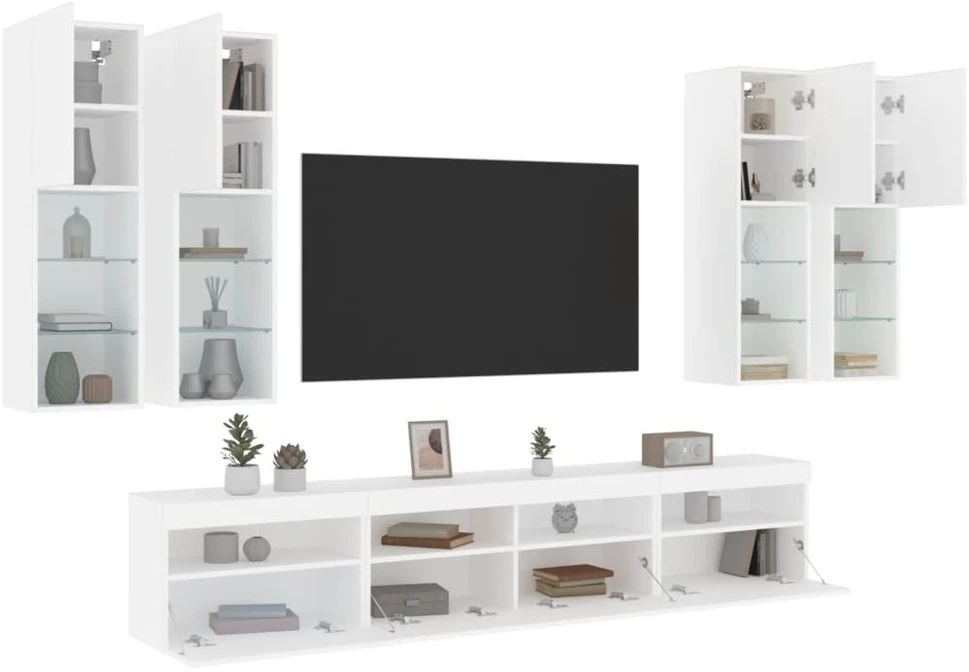 TV staliukas Sieninės TV spintelės su LED lemputėmis, 7vnt., baltos spalvos