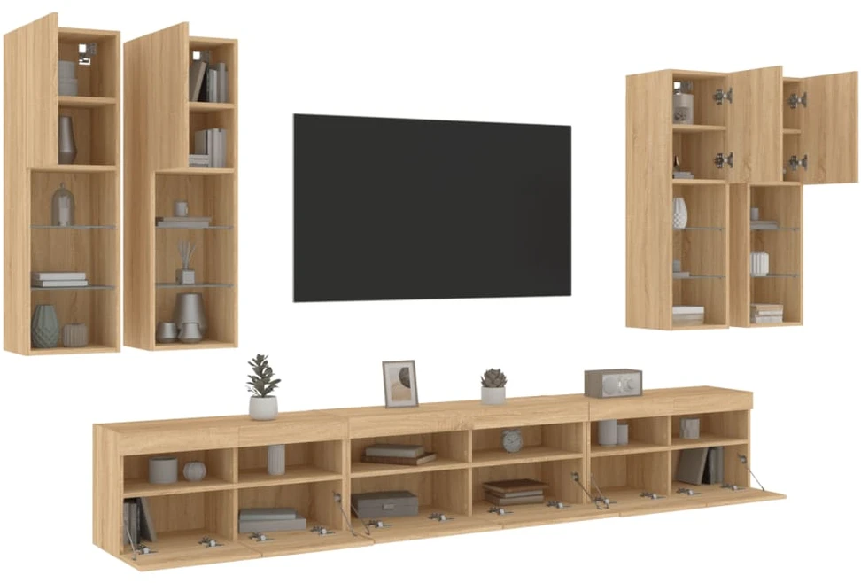TV staliukas Sieninės TV spintelės su LED lemputėmis, 7vnt., ąžuolo spalvos