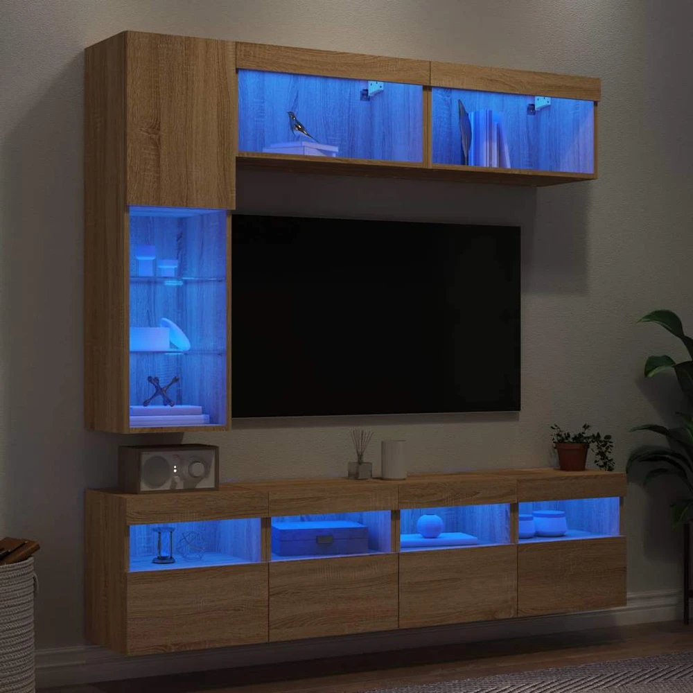TV staliukas Sieninės TV spintelės su LED lemputėmis, 7vnt., ąžuolo spalvos