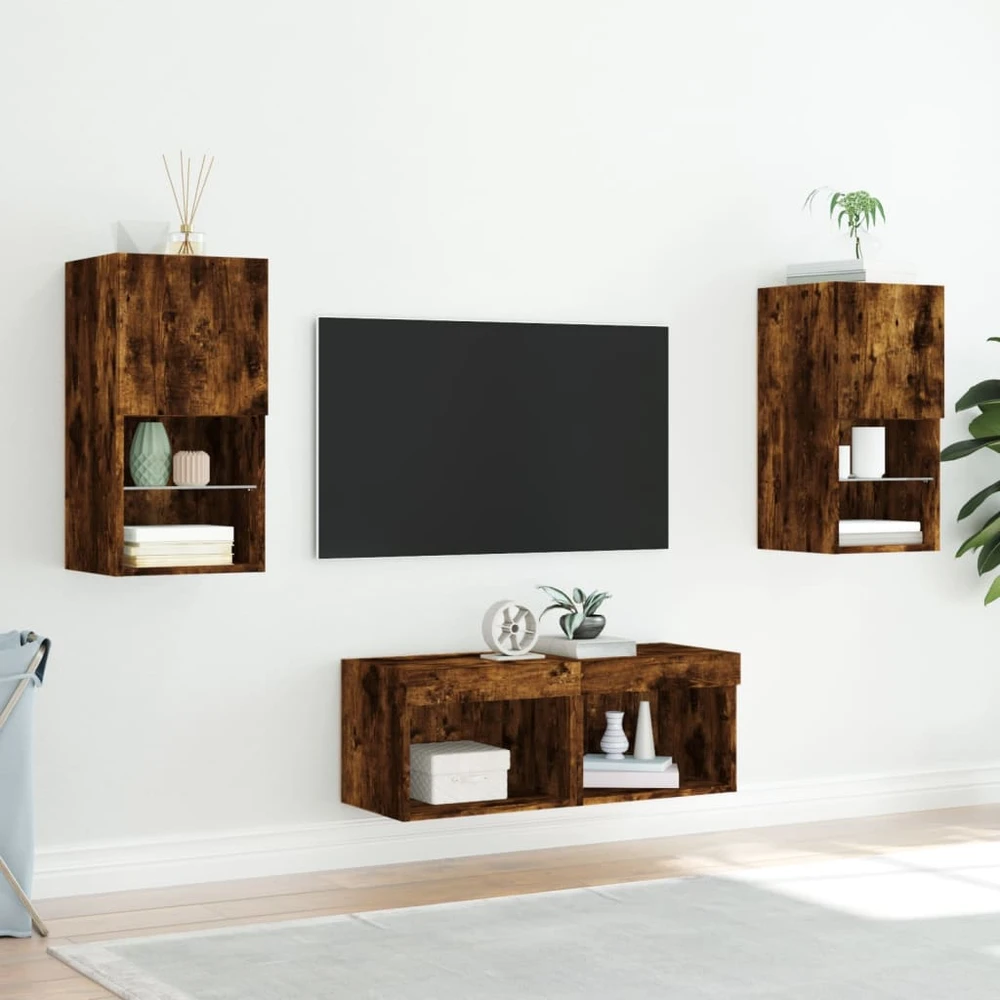 TV staliukas Sieninės TV spintelės su LED lemputėmis, 4 dalių, dūminės