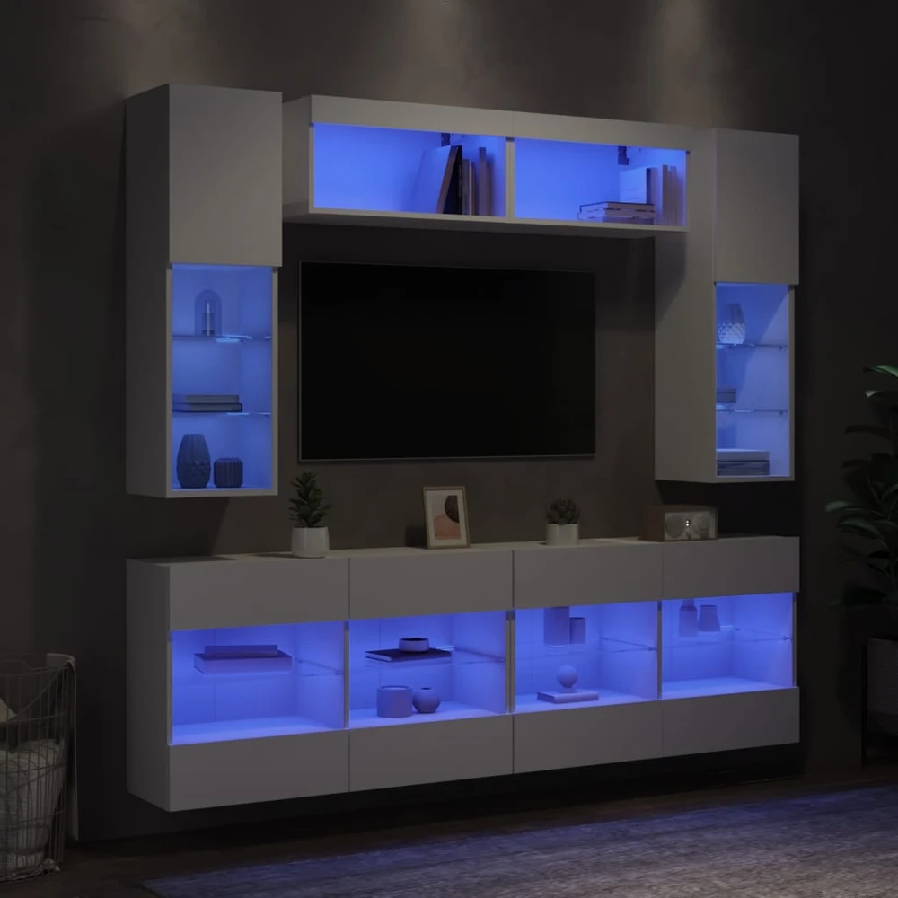 TV staliukas Sieninės TV spintelės su LED lemputėmis, 6vnt., baltos spalvos