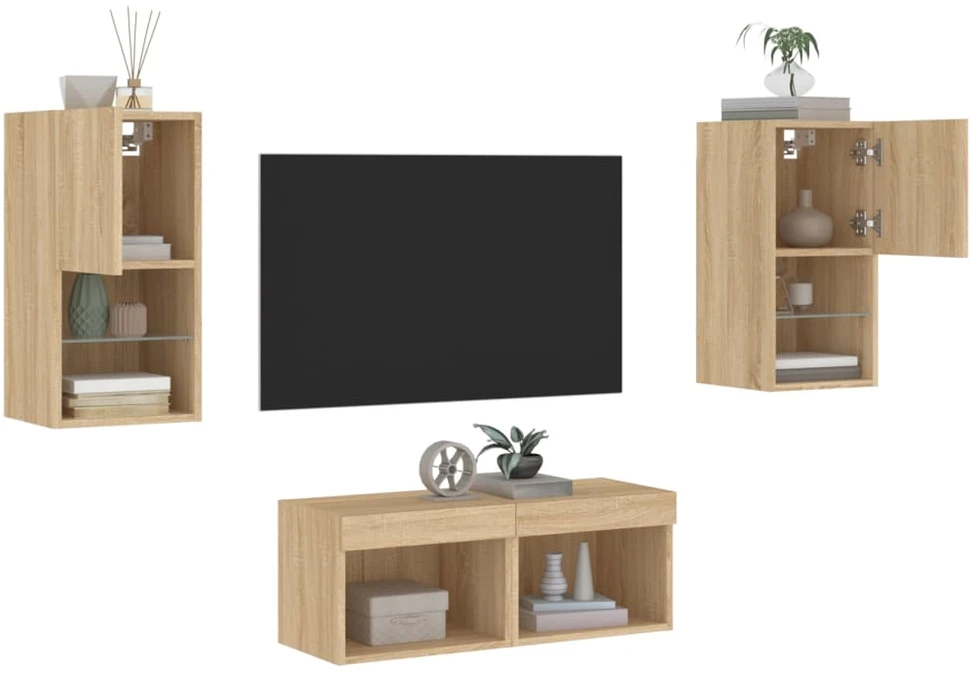 TV staliukas Sieninės TV spintelės su LED lemputėmis, 4 dalių, ąžuolo