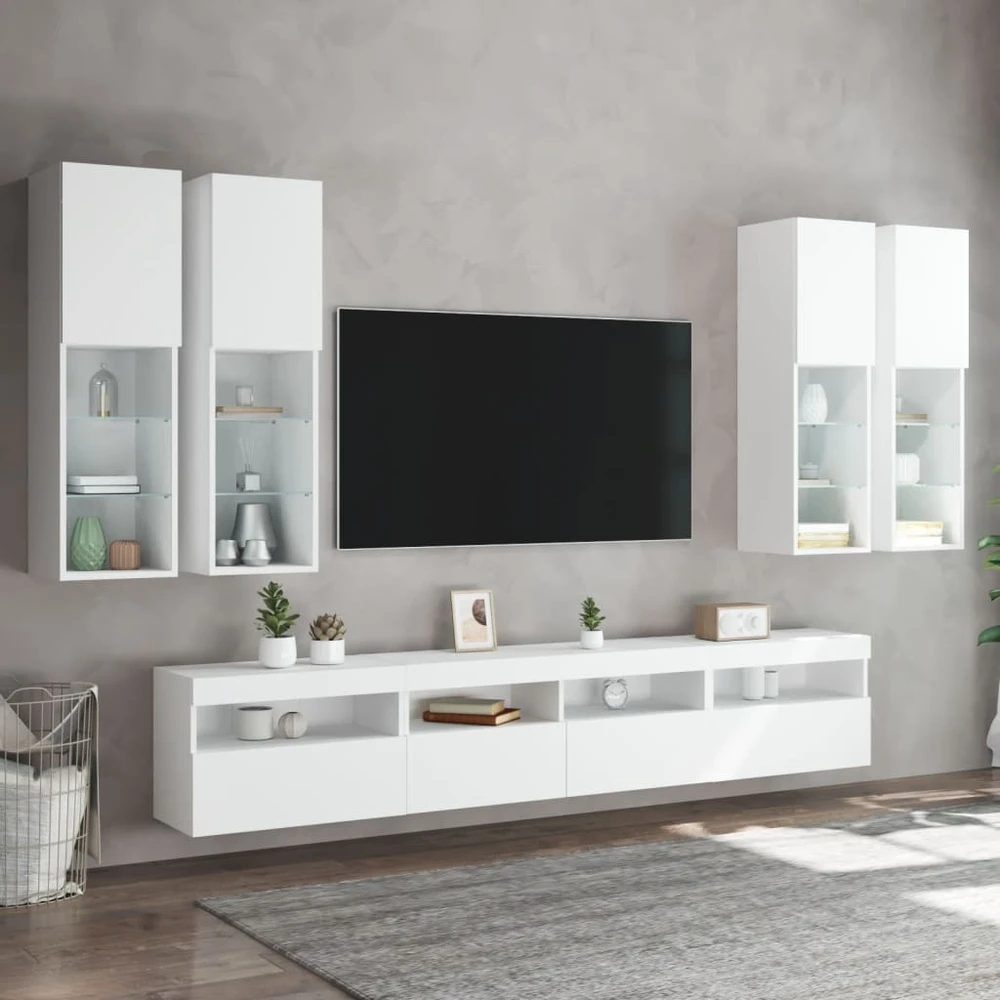 TV staliukas Sieninės TV spintelės su LED lemputėmis, 7vnt., baltos spalvos