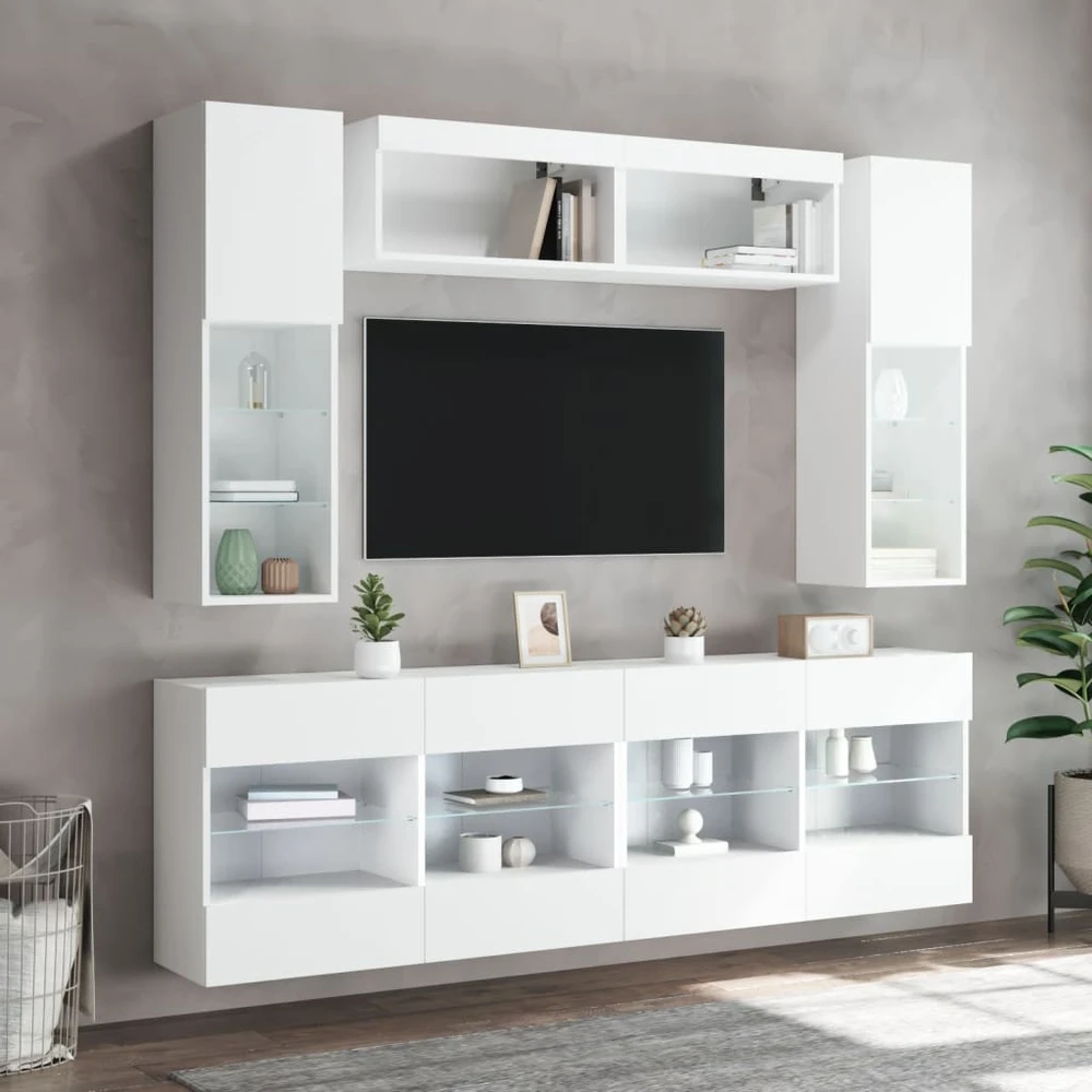 TV staliukas Sieninės TV spintelės su LED lemputėmis, 6vnt., baltos spalvos