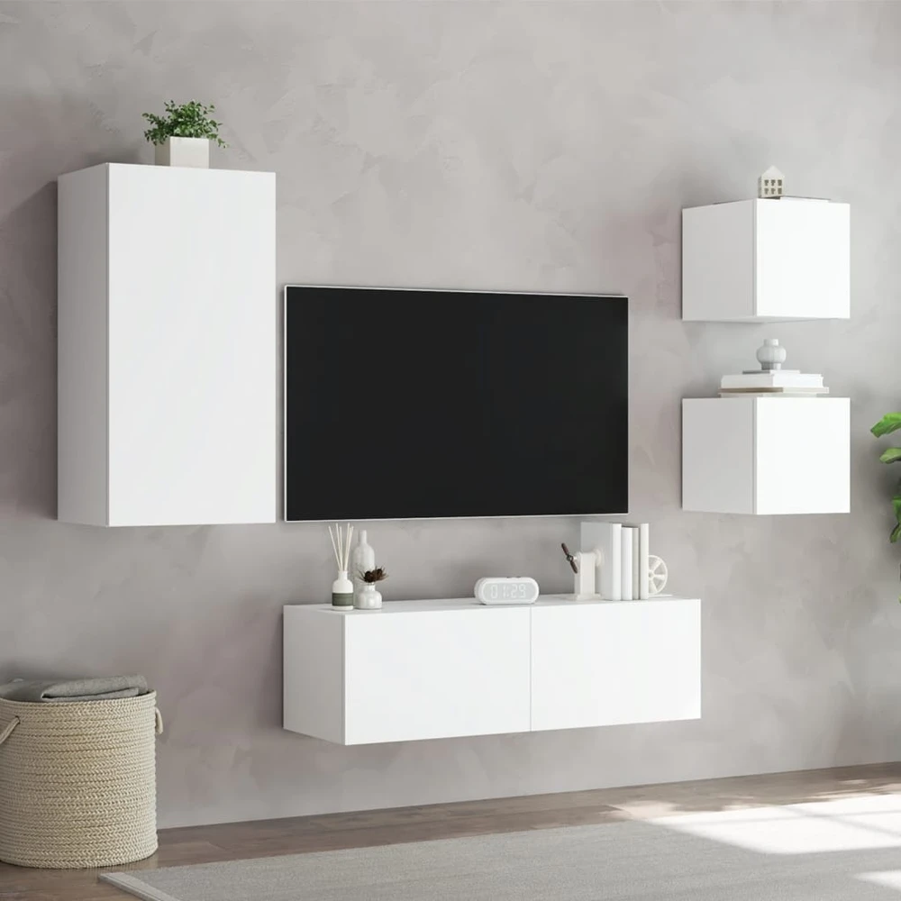 TV staliukas Sieninės TV spintelės su LED lemputėmis, 4 dalių, baltos