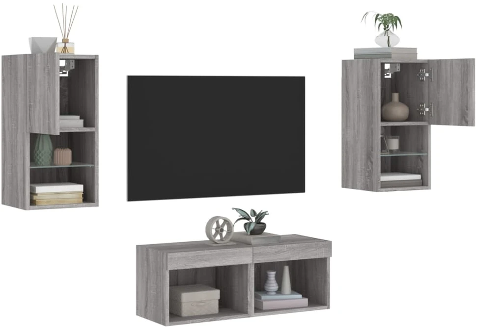 TV staliukas Sieninės TV spintelės su LED lemputėmis, 4 dalių, pilkos ąžuolo