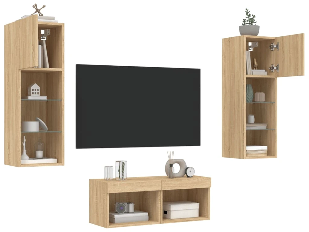 TV staliukas Sieninės TV spintelės su LED lemputėmis, 4 dalių, ąžuolo