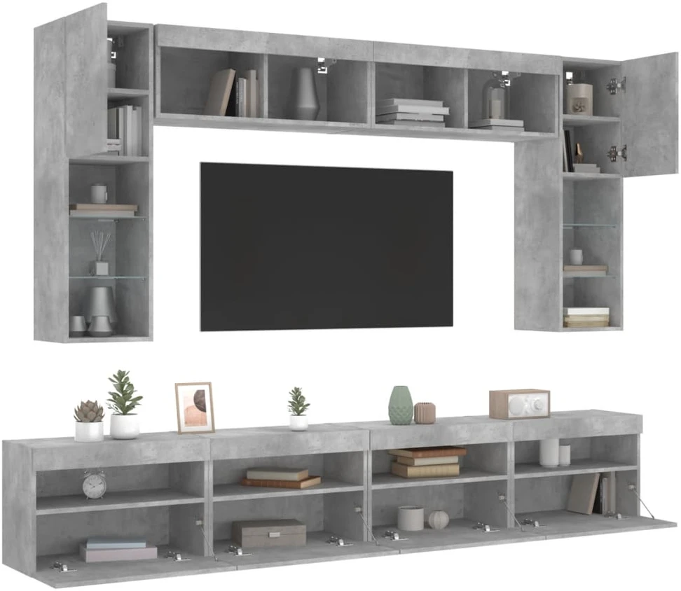 TV staliukas Sieninės TV spintelės su LED lemputėmis, 8vnt., betono pilkos