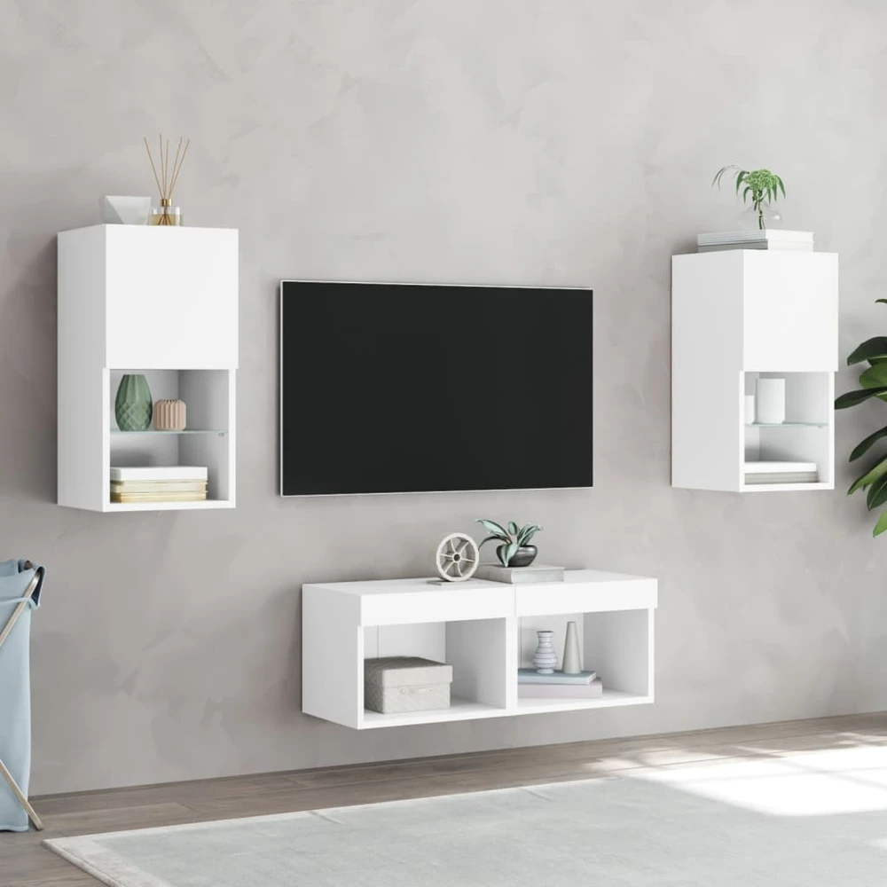 TV staliukas Sieninės TV spintelės su LED lemputėmis, 4 dalių, baltos