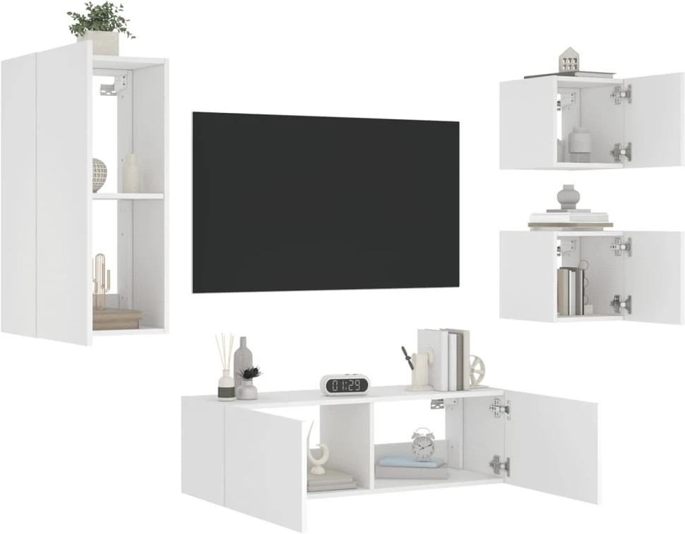 TV staliukas Sieninės TV spintelės su LED lemputėmis, 4 dalių, baltos