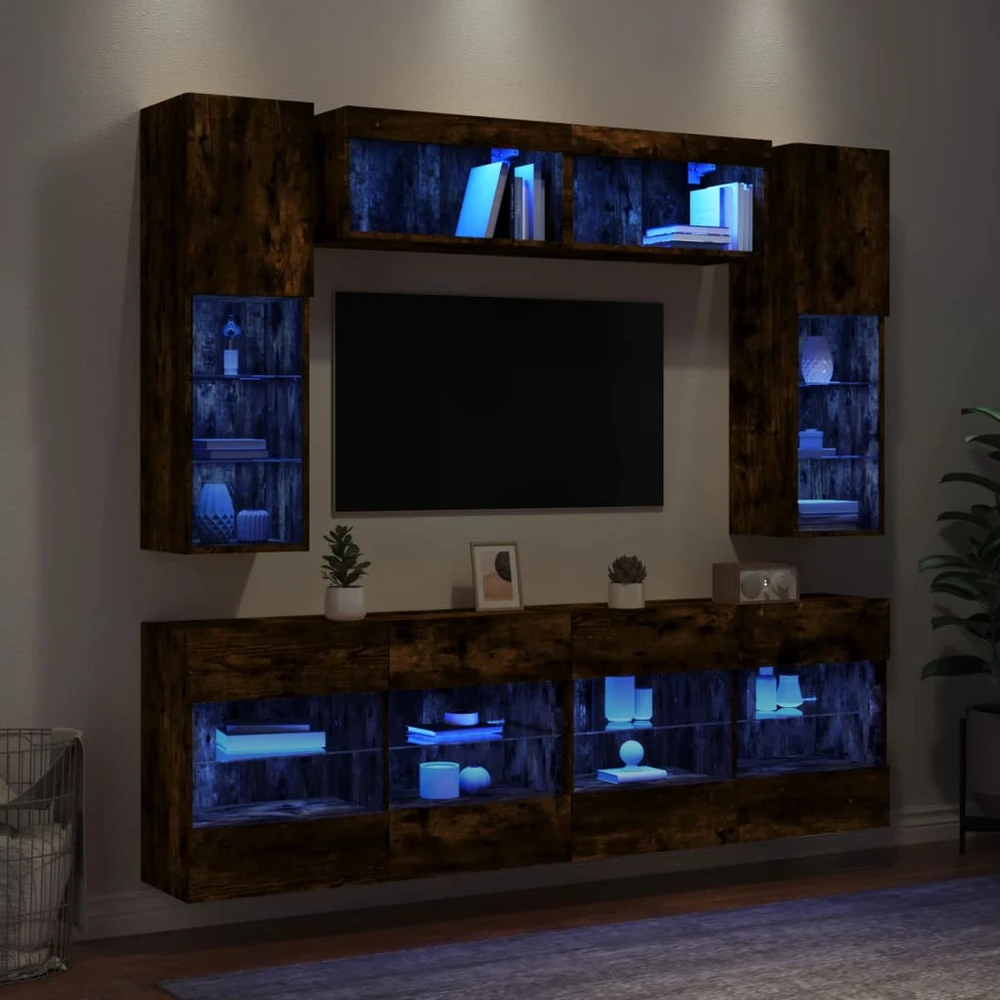 TV staliukas Sieninės TV spintelės su LED lemputėmis, 6vnt., dūminės ąžuolo