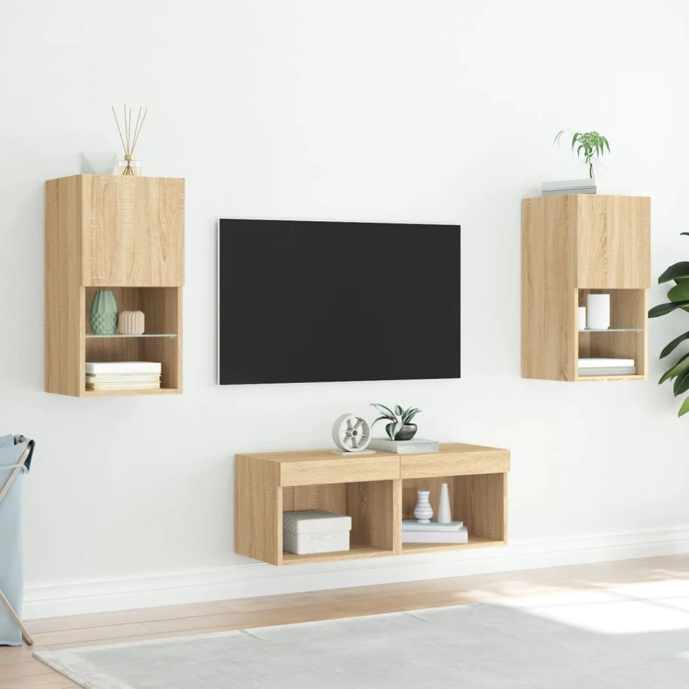 TV staliukas Sieninės TV spintelės su LED lemputėmis, 4 dalių, ąžuolo