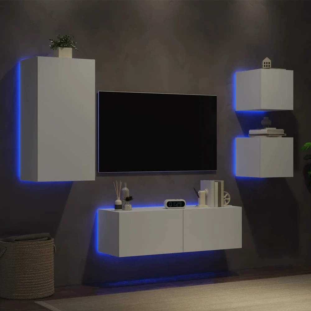 TV staliukas Sieninės TV spintelės su LED lemputėmis, 4 dalių, baltos