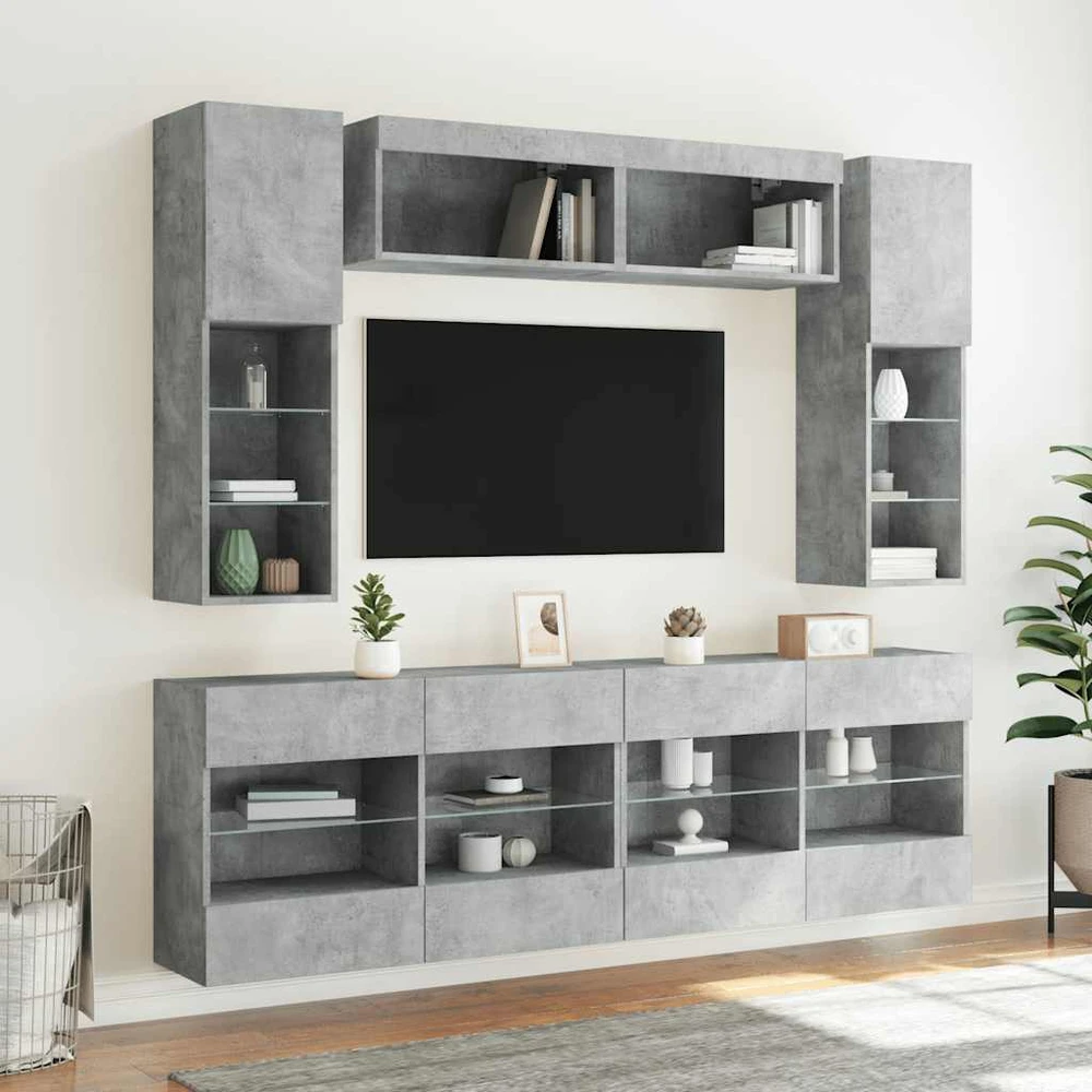 TV staliukas Sieninės TV spintelės su LED lemputėmis, 6vnt., betono pilkos