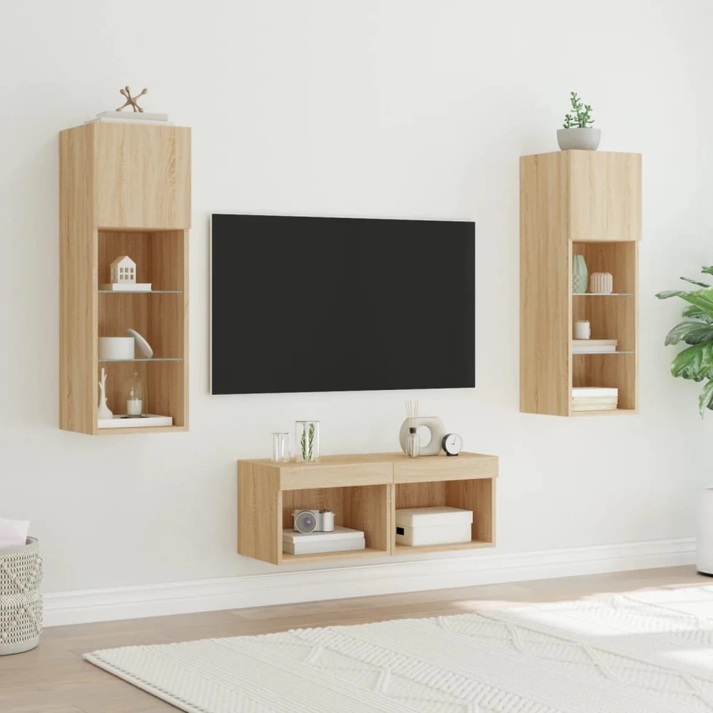 TV staliukas Sieninės TV spintelės su LED lemputėmis, 4 dalių, ąžuolo