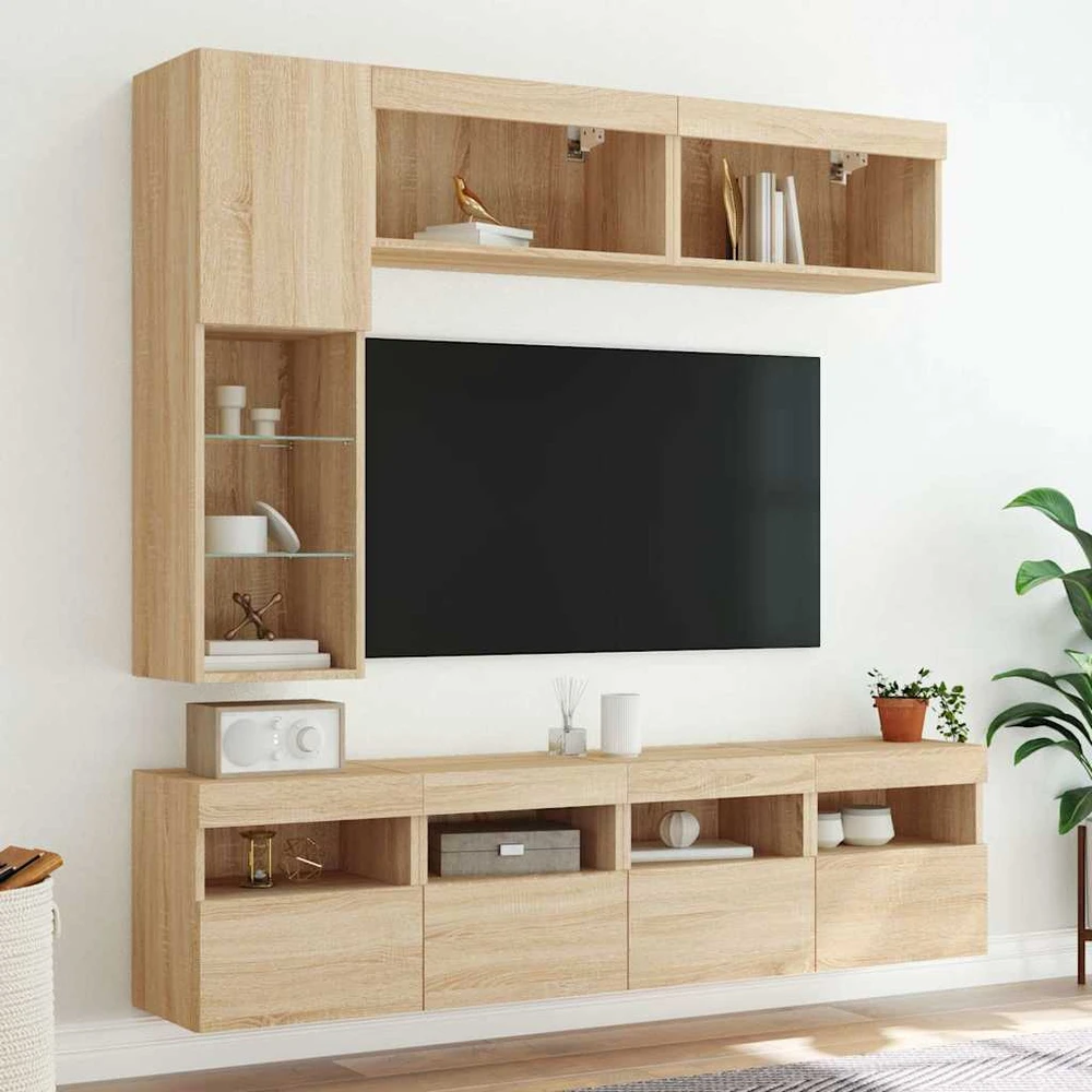 TV staliukas Sieninės TV spintelės su LED lemputėmis, 7vnt., ąžuolo spalvos