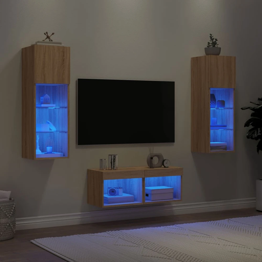 TV staliukas Sieninės TV spintelės su LED lemputėmis, 4 dalių, ąžuolo