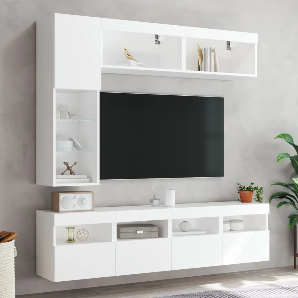 TV staliukas Sieninės TV spintelės su LED lemputėmis, 7vnt., baltos spalvos