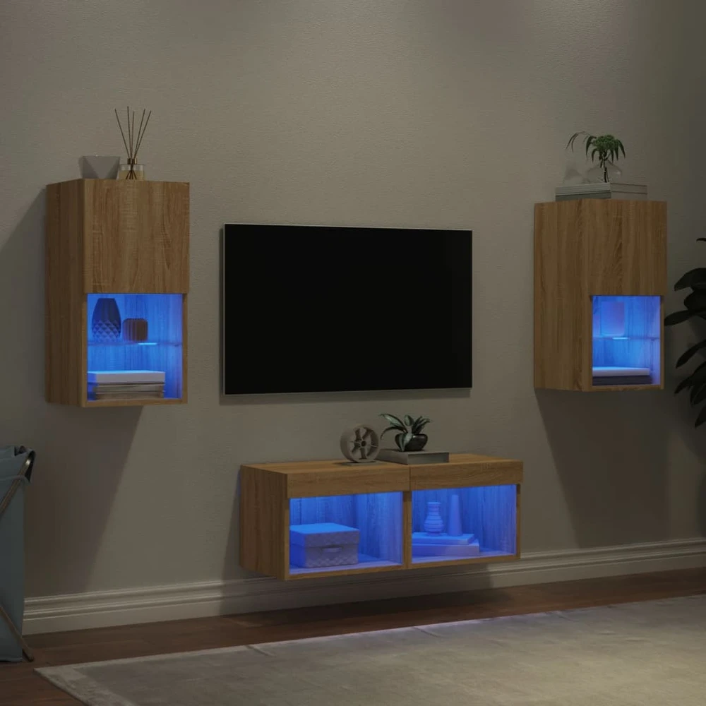 TV staliukas Sieninės TV spintelės su LED lemputėmis, 4 dalių, ąžuolo