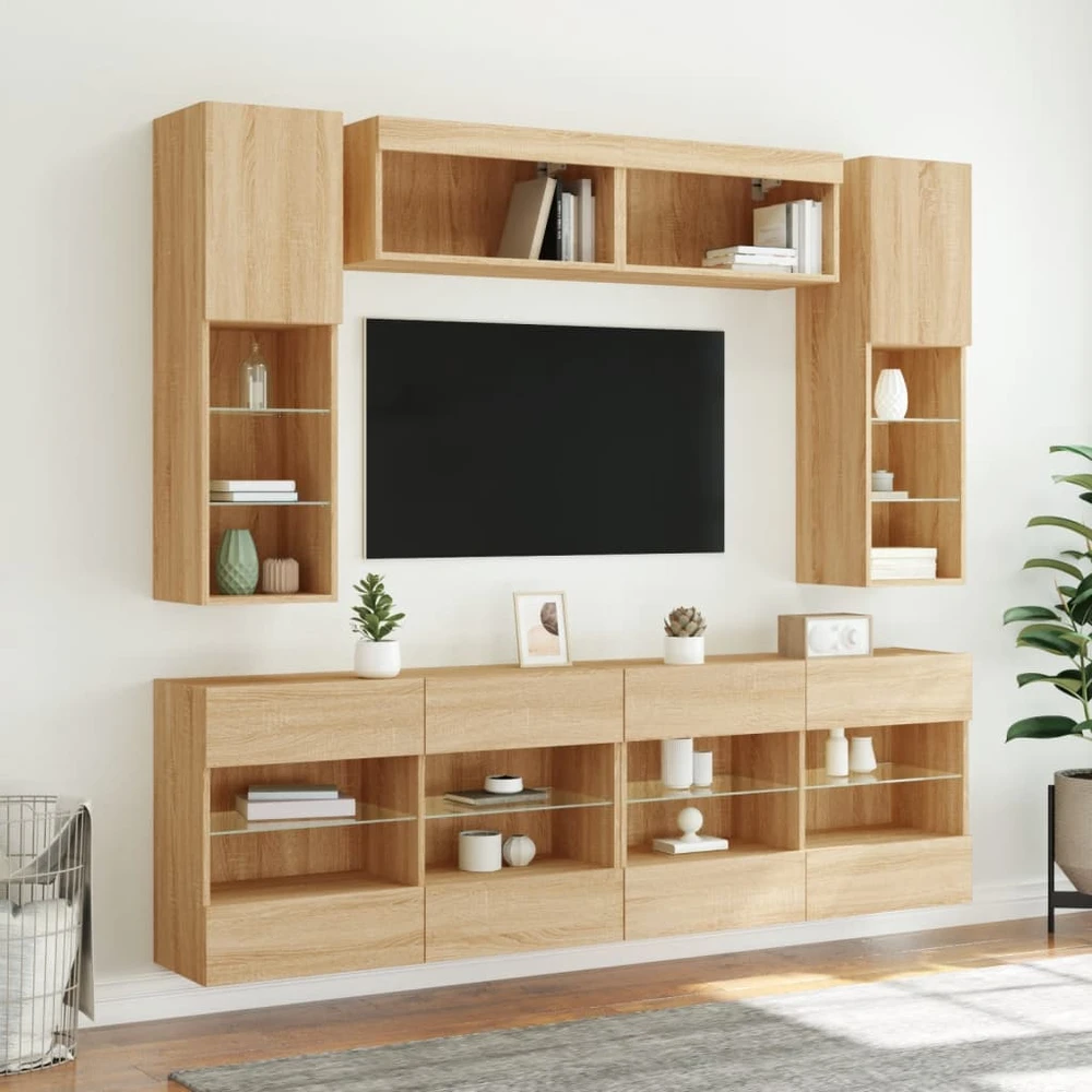TV staliukas Sieninės TV spintelės su LED lemputėmis, 6vnt., ąžuolo spalvos