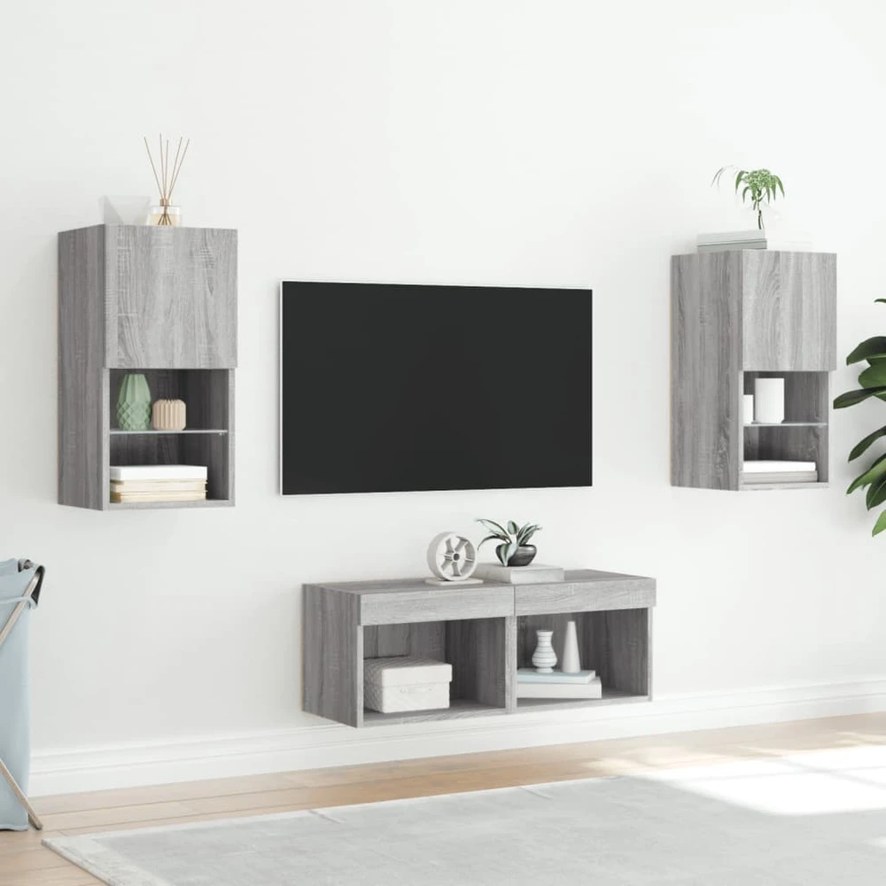 TV staliukas Sieninės TV spintelės su LED lemputėmis, 4 dalių, pilkos ąžuolo