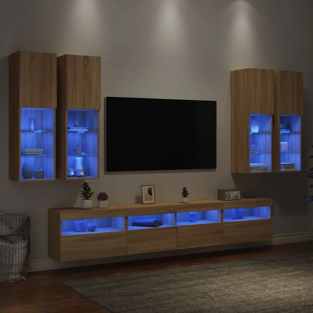 TV staliukas Sieninės TV spintelės su LED lemputėmis, 7vnt., ąžuolo spalvos