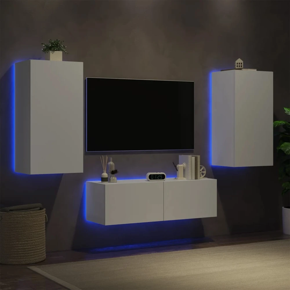 TV staliukas Sieninės TV spintelės su LED lemputėmis, 3 dalių, baltos