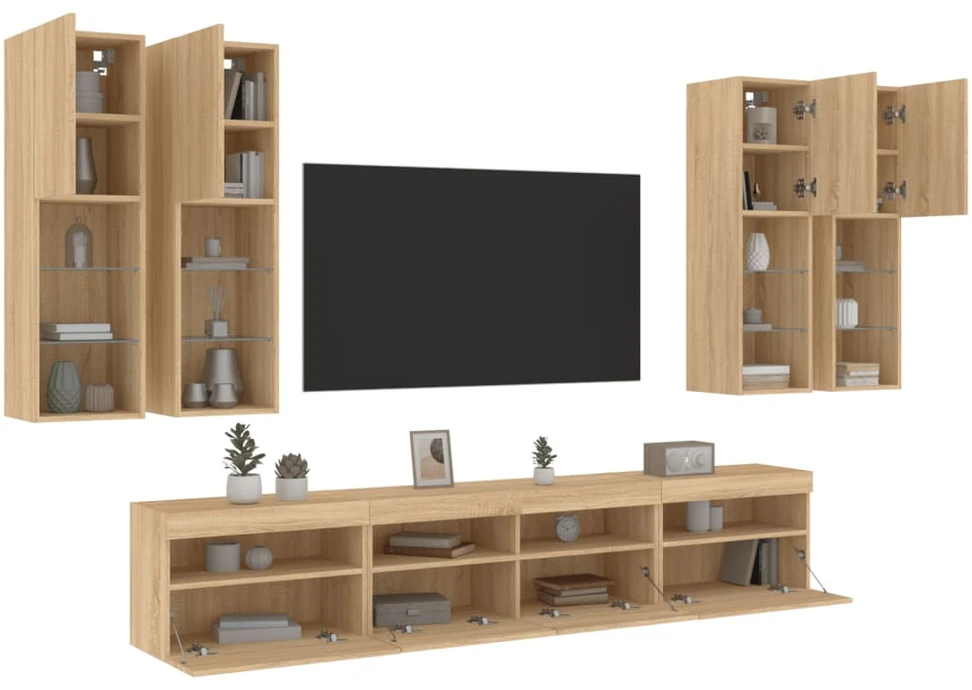 TV staliukas Sieninės TV spintelės su LED lemputėmis, 7vnt., ąžuolo spalvos