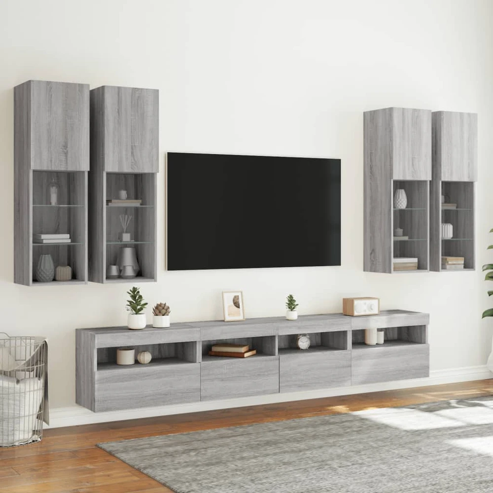 TV staliukas Sieninės TV spintelės su LED lemputėmis, 7vnt., pilkos ąžuolo