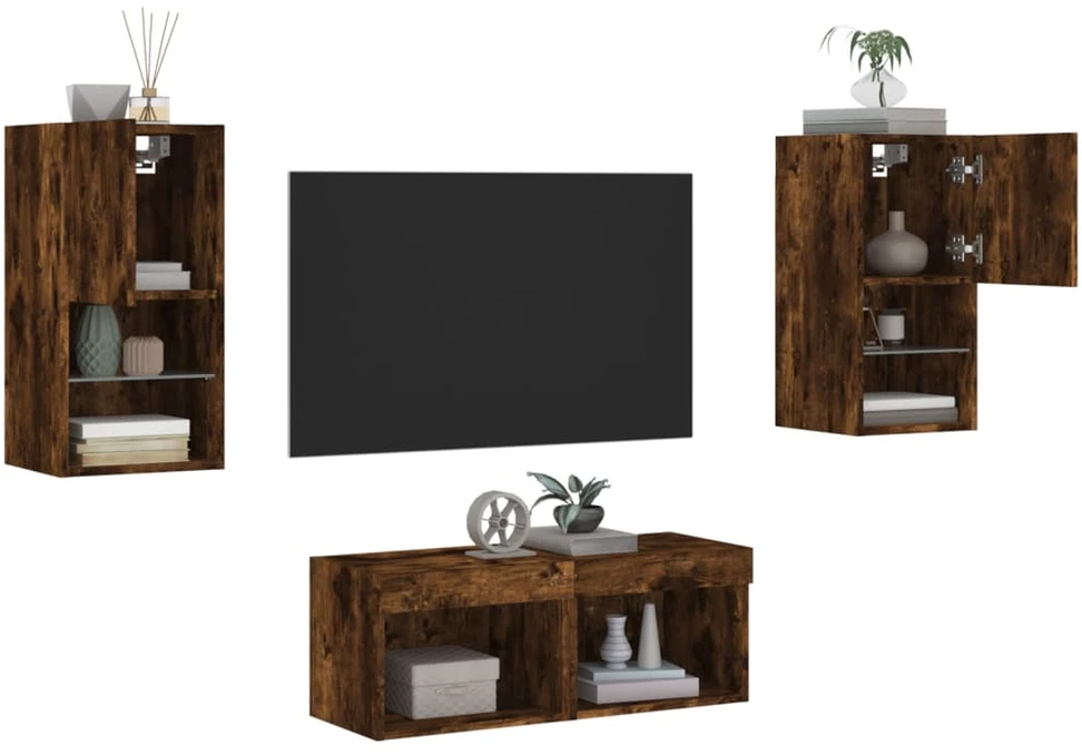 TV staliukas Sieninės TV spintelės su LED lemputėmis, 4 dalių, dūminės