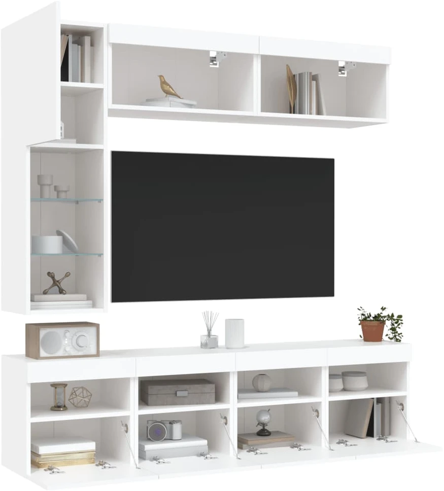 TV staliukas Sieninės TV spintelės su LED lemputėmis, 7vnt., baltos spalvos