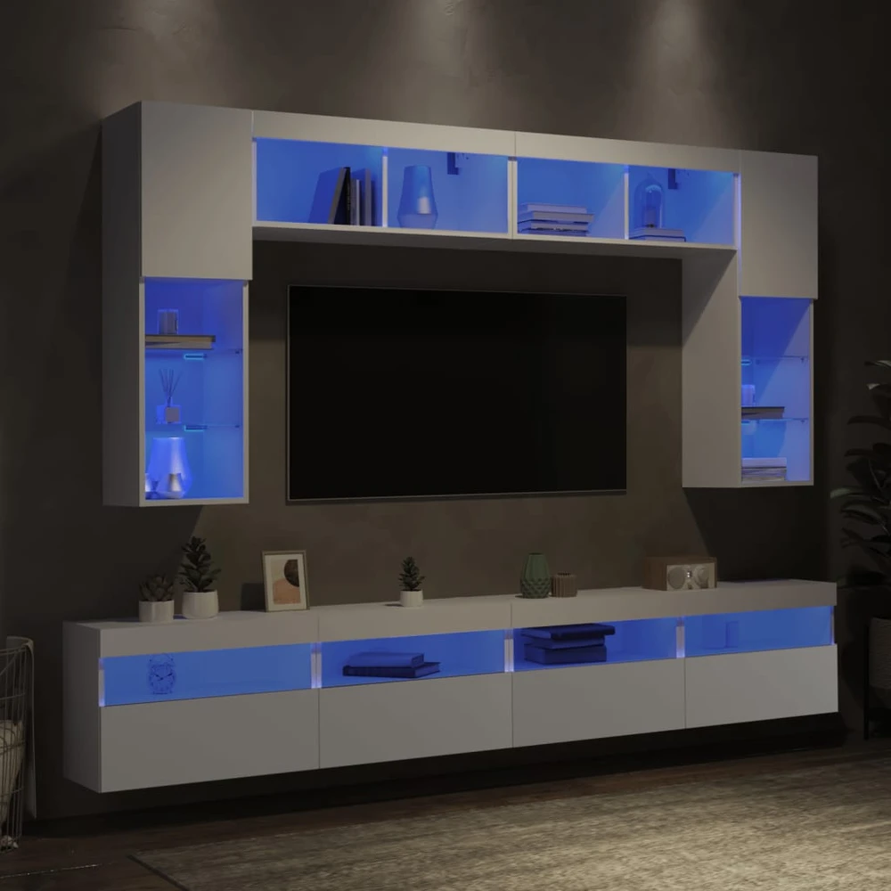 TV staliukas Sieninės TV spintelės su LED lemputėmis, 8vnt., baltos spalvos