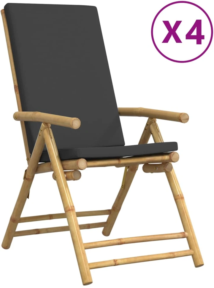 Sodo kėdės su tamsiai pilkomis pagalvėlėmis, 4vnt., bambukas