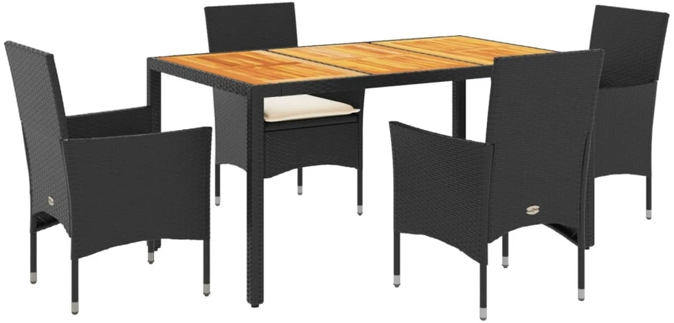Sofa Sodo komplektas, 5 dalių, juodas, poliratanas ir akacija