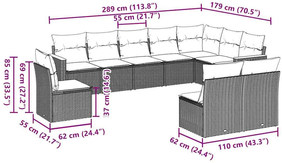 Lauko baldų komplektas Sodo komplektas su pagalvėlėmis, 10 dalių, juodas, poliratanas