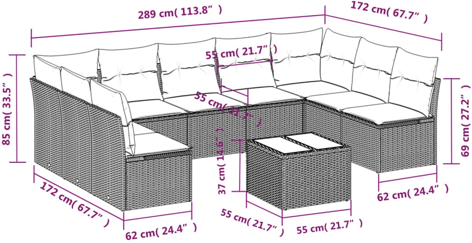 Sofa Sodo komplektas su pagalvėlėmis, 10 dalių, pilkas, poliratanas