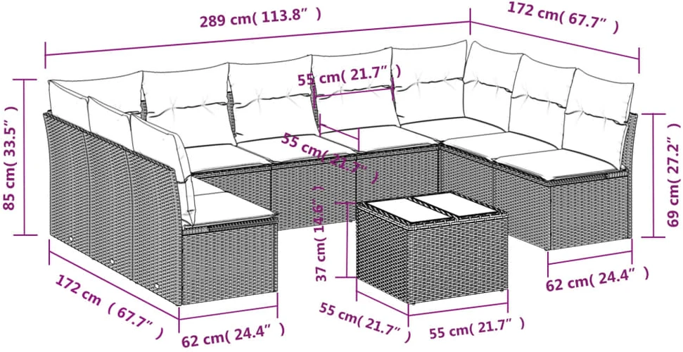 Lauko baldų komplektas Sodo komplektas su pagalvėlėmis, 10 dalių, juodas, poliratanas