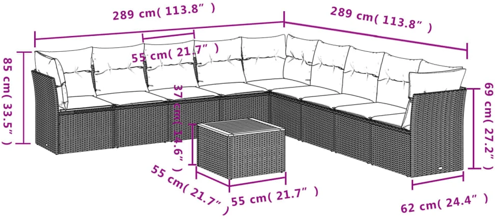 Lauko baldų komplektas Sodo komplektas su pagalvėlėmis, 10 dalių, juodas, poliratanas