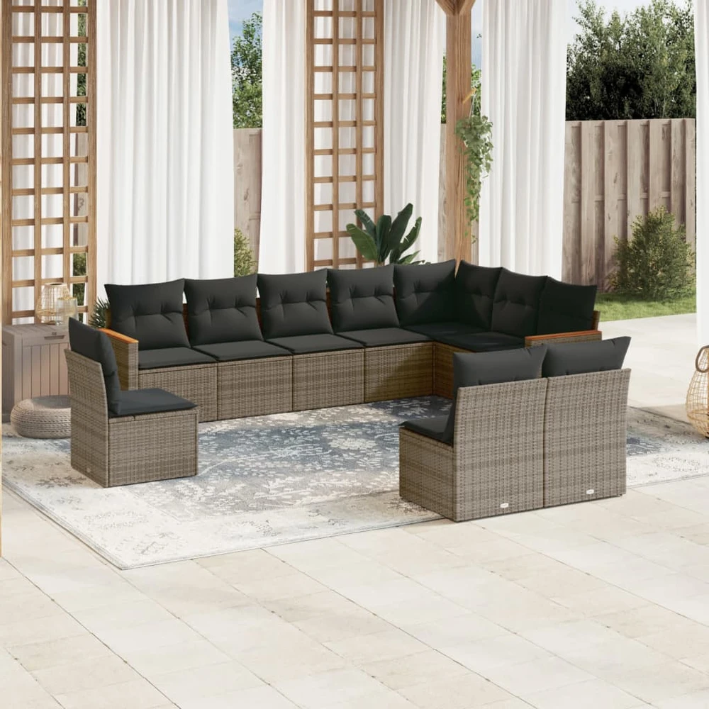 Lauko baldų komplektas Sodo komplektas su pagalvėlėmis, 10 dalių, pilkas, poliratanas