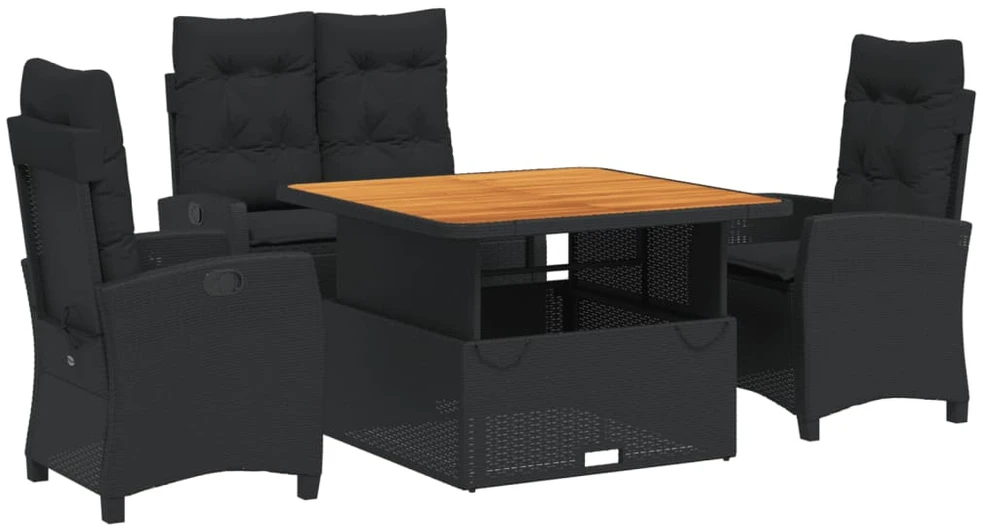 Lauko baldų komplektas Sodo komplektas su pagalvėlėmis, 4 dalių, juodas, poliratanas