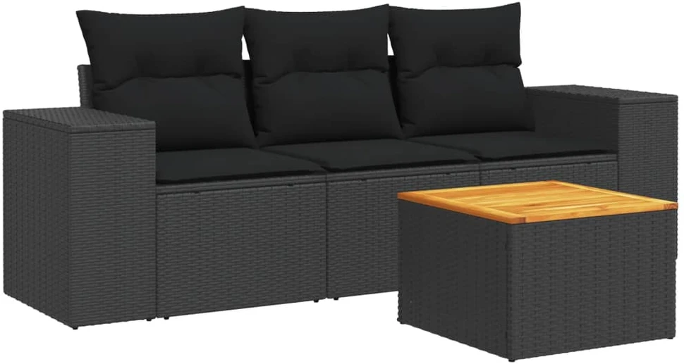 Sofa Sodo komplektas su pagalvėlėmis, 4 dalių, juodas, poliratanas