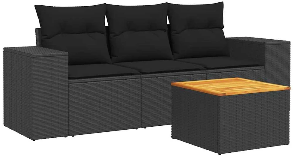 Sofa Sodo komplektas su pagalvėlėmis, 4 dalių, juodas, poliratanas