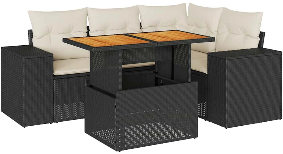Sofa Sodo komplektas su pagalvėlėmis, 5 dalių, juodas, poliratanas
