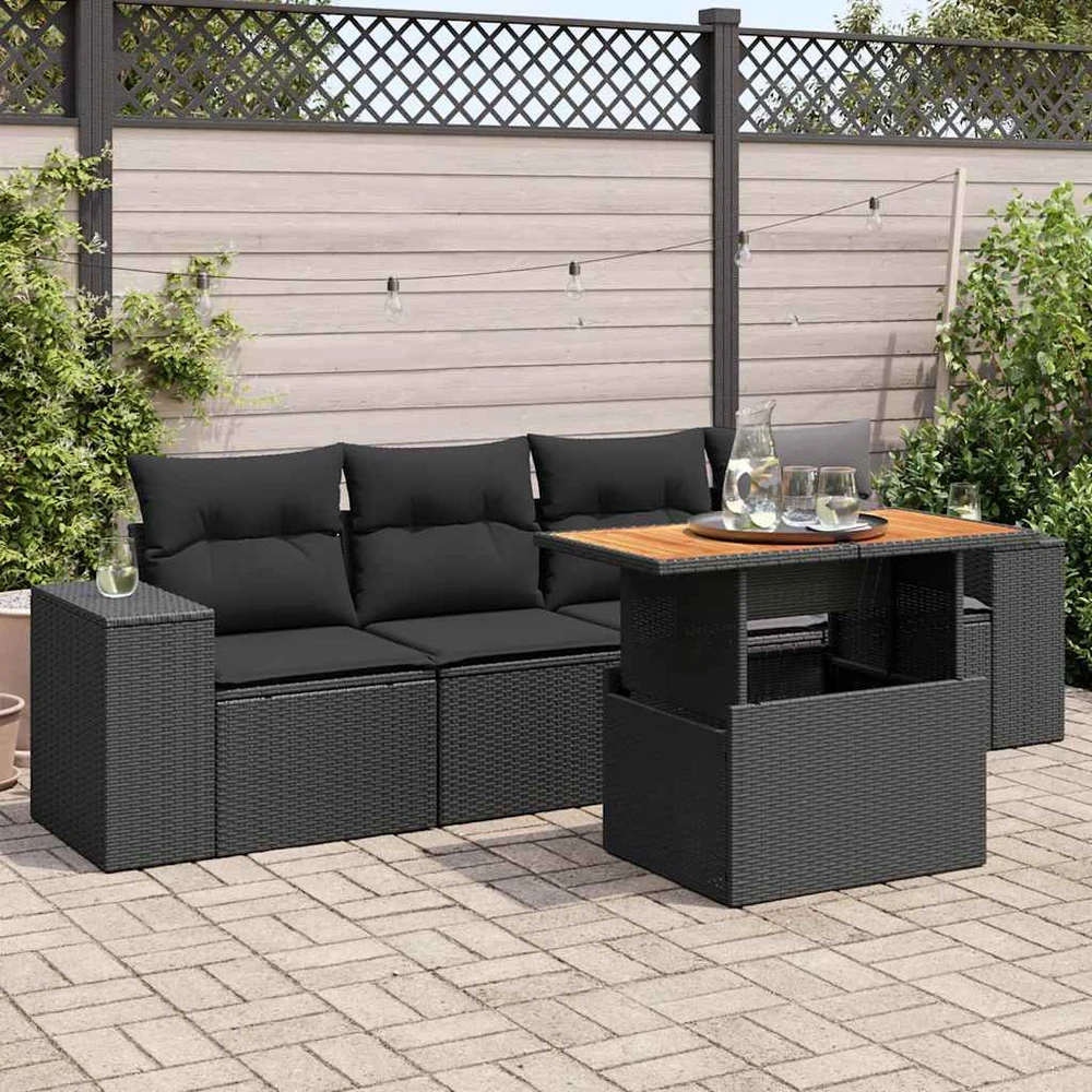 Sofa Sodo komplektas su pagalvėlėmis, 5 dalių, juodas, poliratanas
