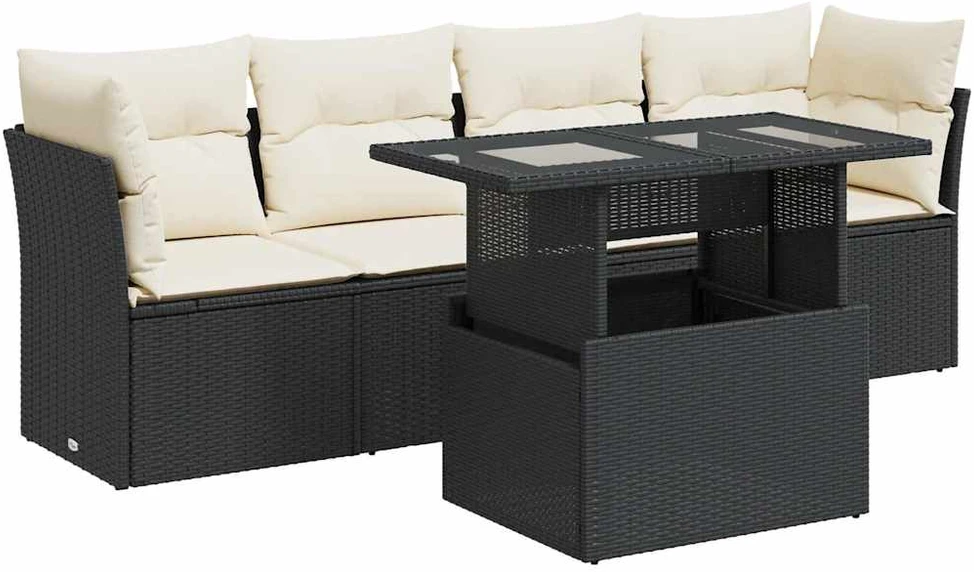 Sofa Sodo komplektas su pagalvėlėmis, 5 dalių, juodas, poliratanas