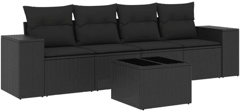 Sofa Sodo komplektas su pagalvėlėmis, 5 dalių, juodas, poliratanas