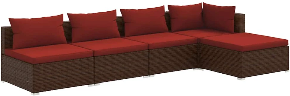 Lauko baldų komplektas Sodo komplektas su pagalvėlėmis, 5 dalių, rudas, poliratanas