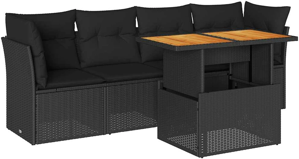 Sofa Sodo komplektas su pagalvėlėmis, 5 dalių, juodas, poliratanas