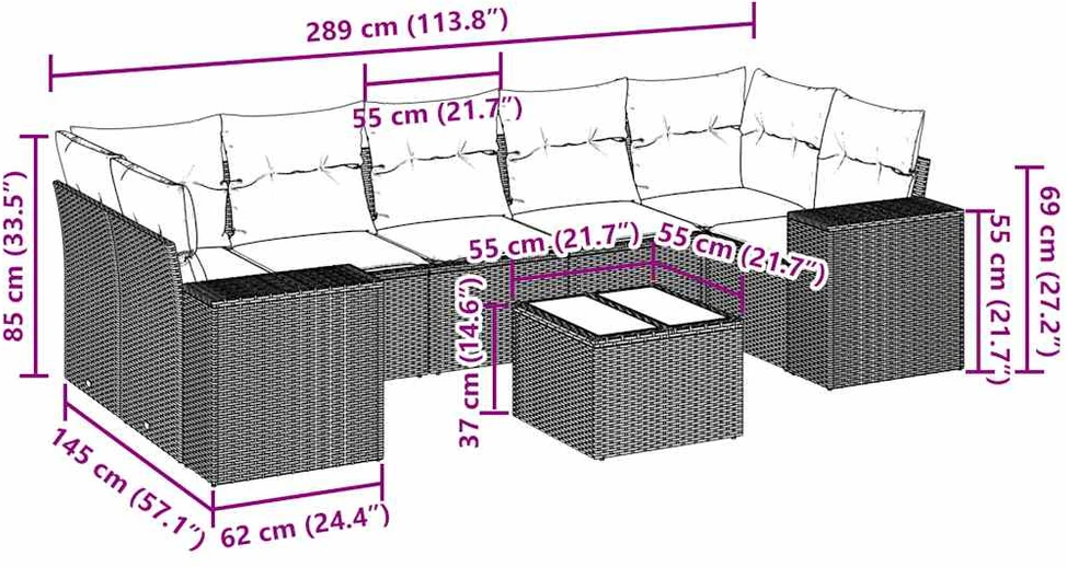 Lauko baldų komplektas Sodo komplektas su pagalvėlėmis, 8 dalių, pilkas, poliratanas