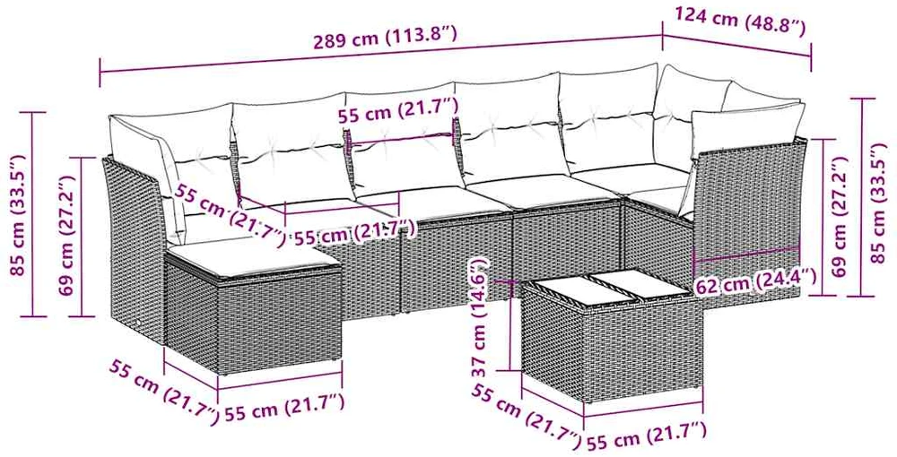 Sofa Sodo komplektas su pagalvėlėmis, 8 dalių, pilkas, poliratanas